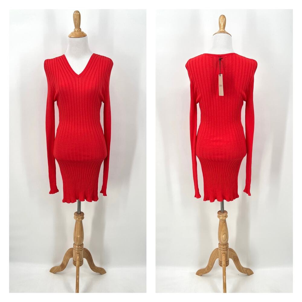 THEO THE LABEL EOS Short Ribbed Long Sleeve Dress Women Small Red Vneck Knit NEW